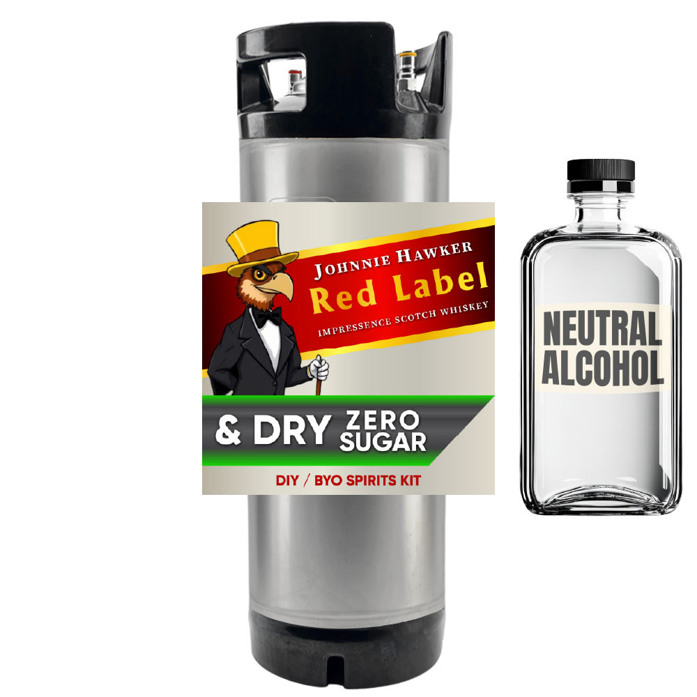 Johnnie Walker Red Label & Dry Zero Sugar whiskey kit with a bottle of neutral alcohol on a white background