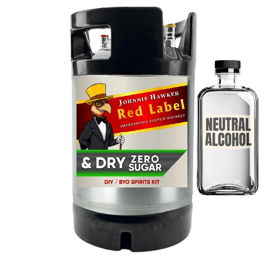 Johnnie Hawker Red Label whiskey keg and neutral alcohol bottle on a white background