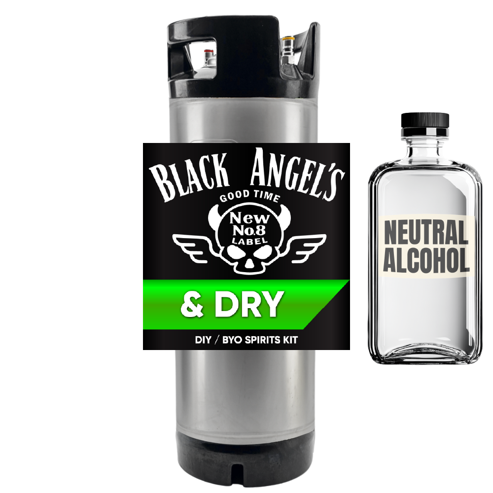 Black Angels DIY spirits kit with a bottle of neutral alcohol on a white background