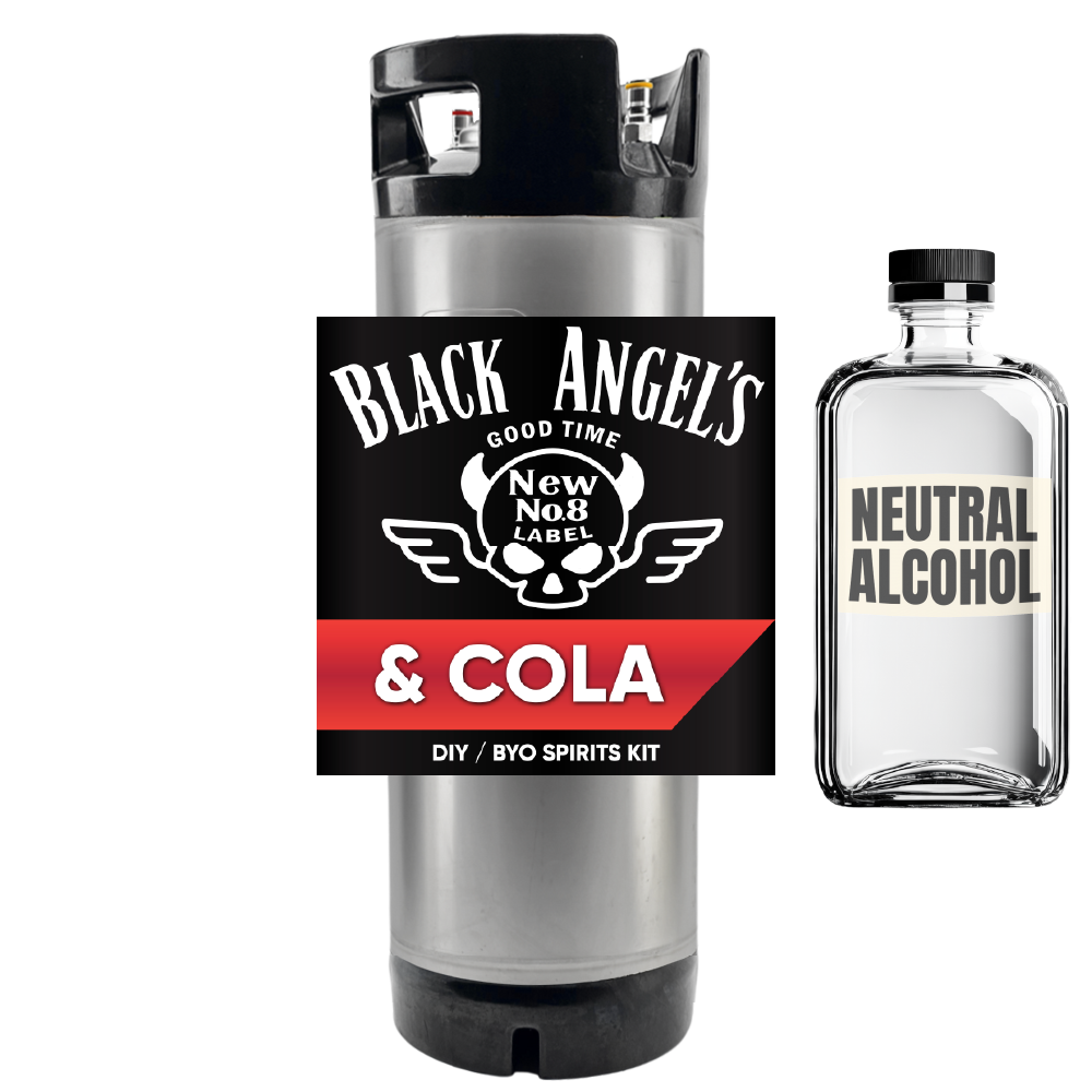 Black Angel's Tennessee Bourbon & Cola DIY/Byo spirits kit with a bottle of neutral alcohol on a white background