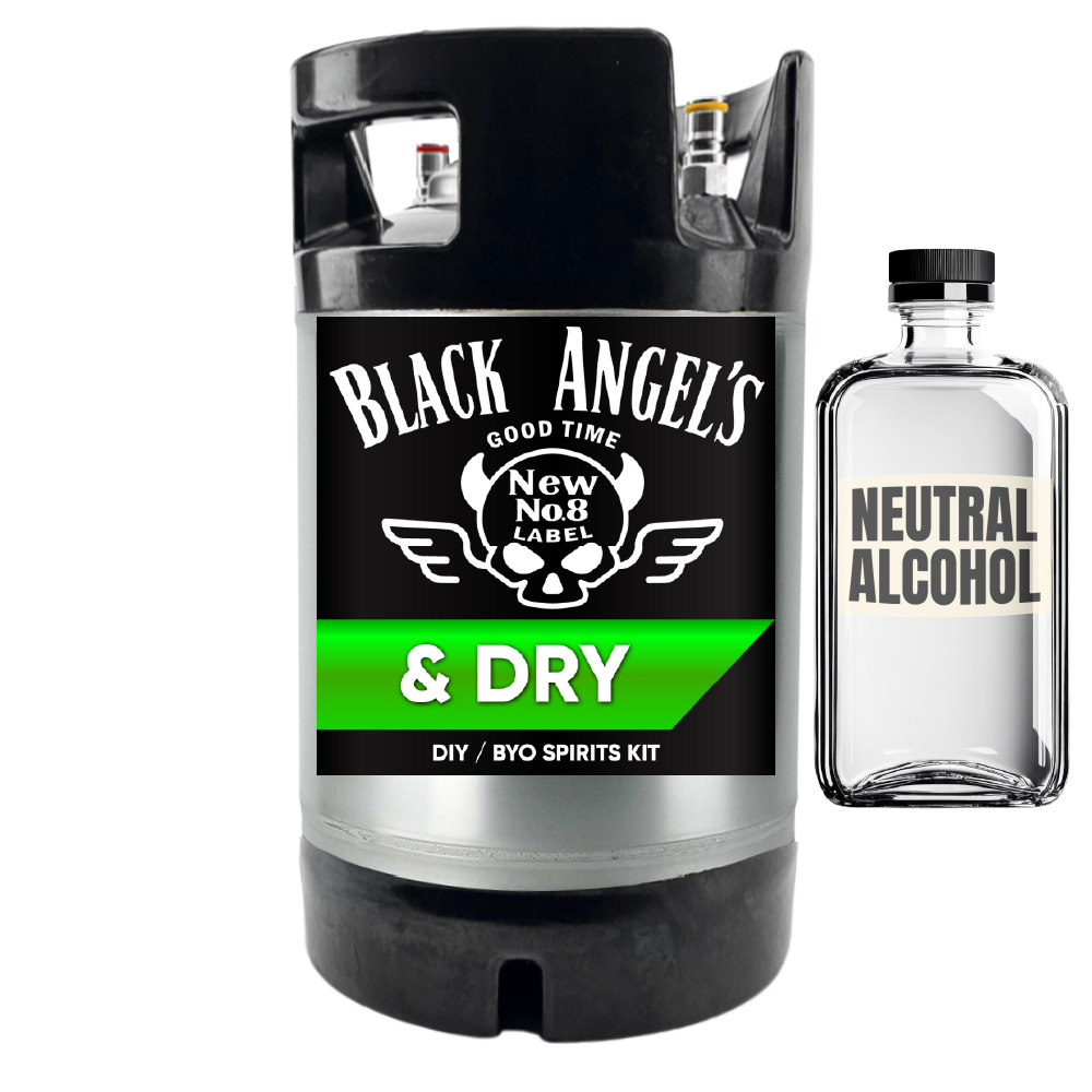 Black Angel's DIY spirits kit with a small bottle of neutral alcohol on a white background