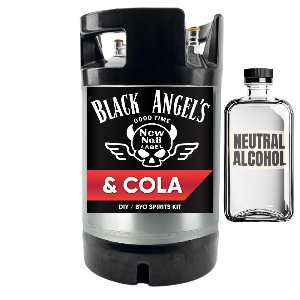 Black Angel's Tennessee Bourbon & Cola DIY/Byo spirits kit with a small bottle of neutral alcohol on a white background