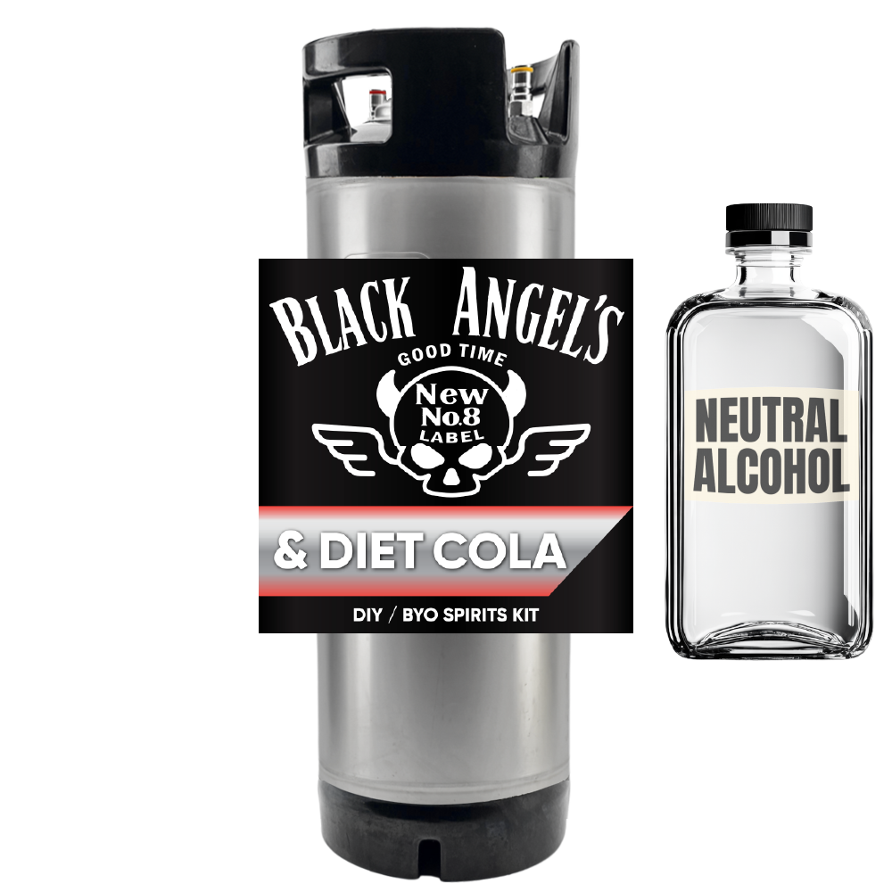 Black Angel's Tennessee Bourbon and Coke DIY BYO Spirits Kit with a bottle of neutral alcohol on a white background