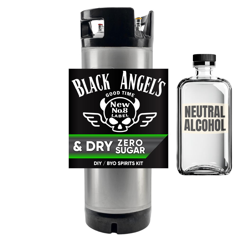 Black Angel's Good Time & Dry Zero Sugar DIY BYO Spirits Kit with a bottle of neutral alcohol on a white background.