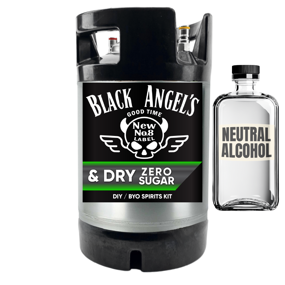 Black Angel's DIY spirits kit with a small bottle of neutral alcohol on a white background