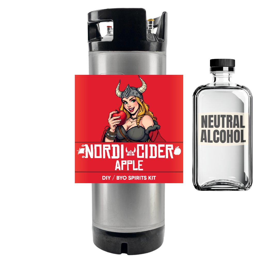 Nordi Cider Apple DIY BYO Spirits Kit with a red label featuring a Viking woman and a bottle of neutral alcohol on a white background.
