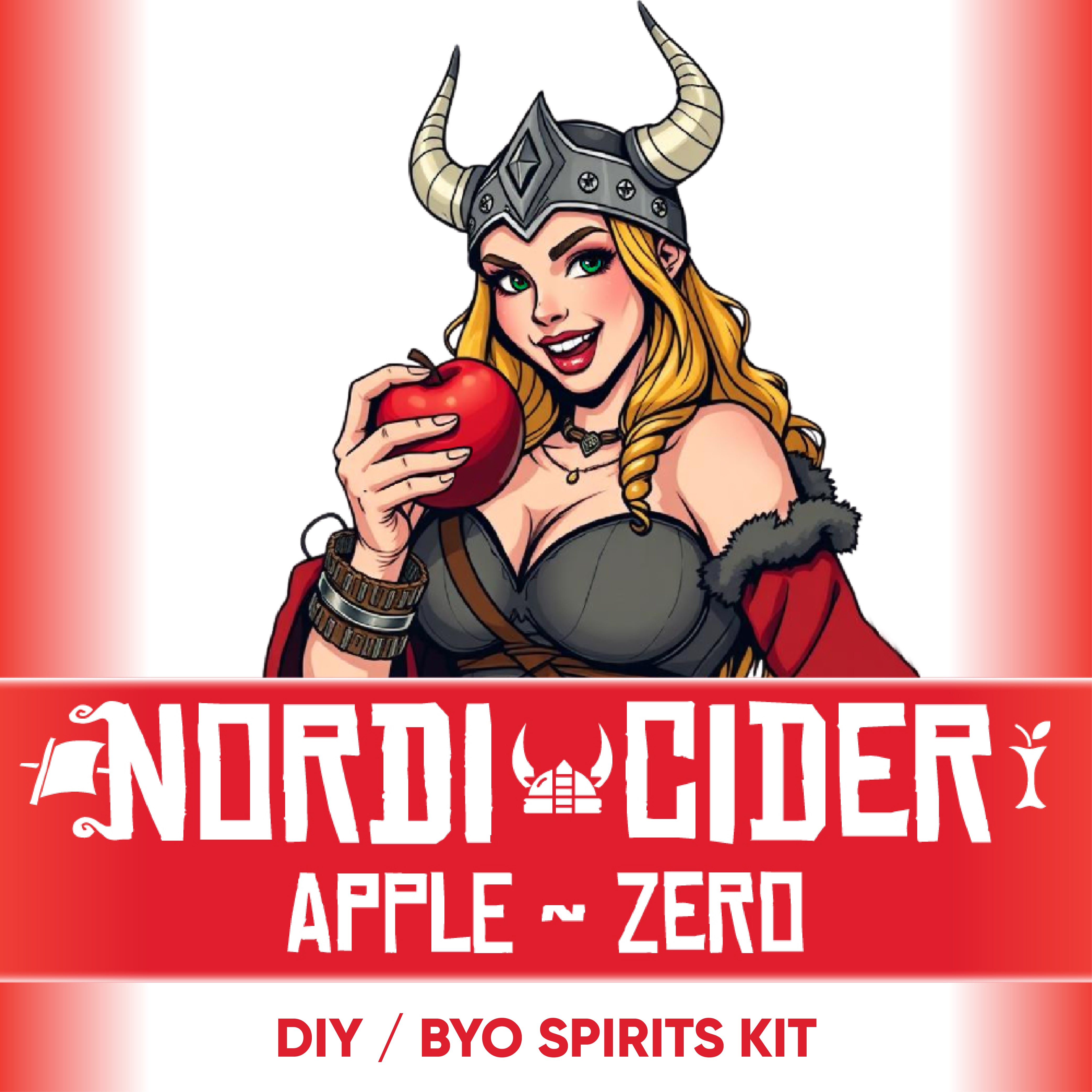 Viking woman holding an apple with 'Nordic Cider' branding on a red background