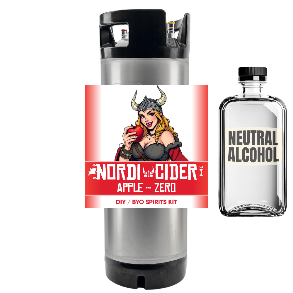 Nordic Cider DIY spirits kit with a character label and neutral alcohol bottle on a white background