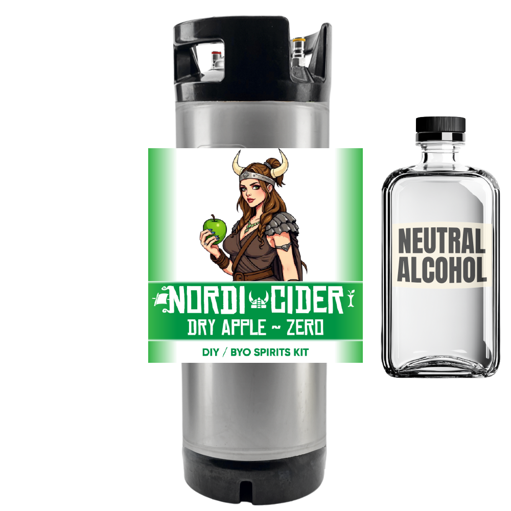 Nordic Cider dry apple zero kit with a bottle of neutral alcohol on a white background