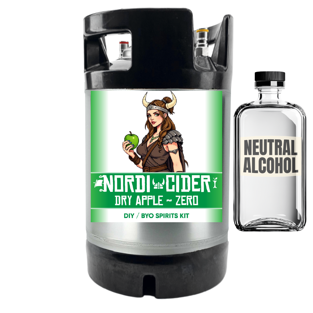 Nordi Cider dry apple zero cider kit with a small bottle labeled 'Neutral Alcohol' on a white background.