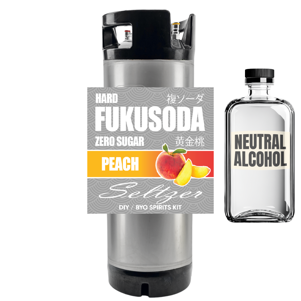 Köketsu peach seltzer zero sugar DIY spirits kit with a neutral alcohol bottle on a white background