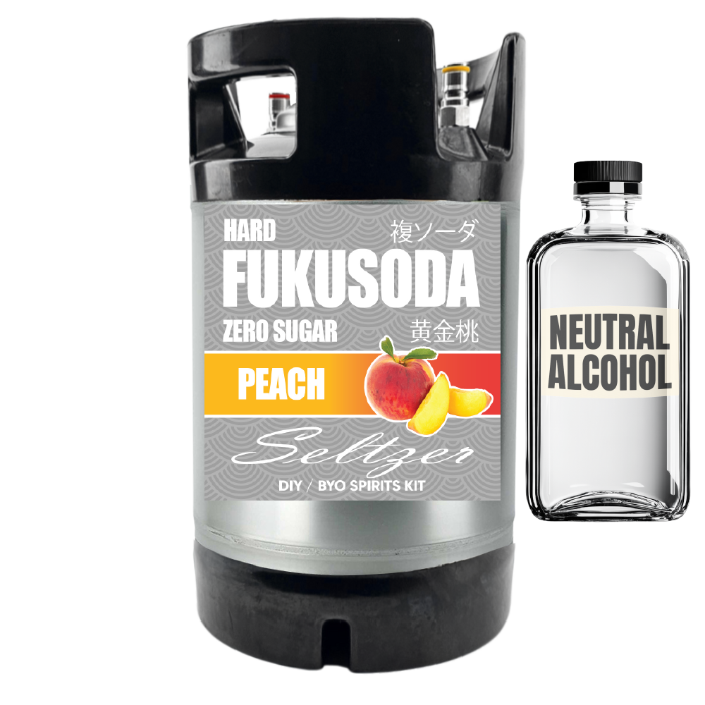Keg labeled 'Hard Koketsu Peach seltzer Zero Sugar' and a bottle labeled 'Neutral Alcohol' on a white background