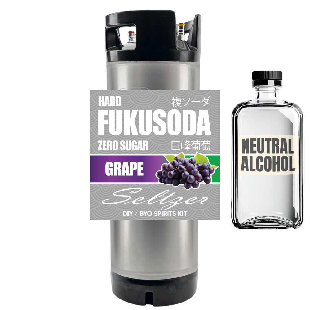Koketsu grape seltzer zero sugar hard alcohol kit with a neutral alcohol bottle on a white background