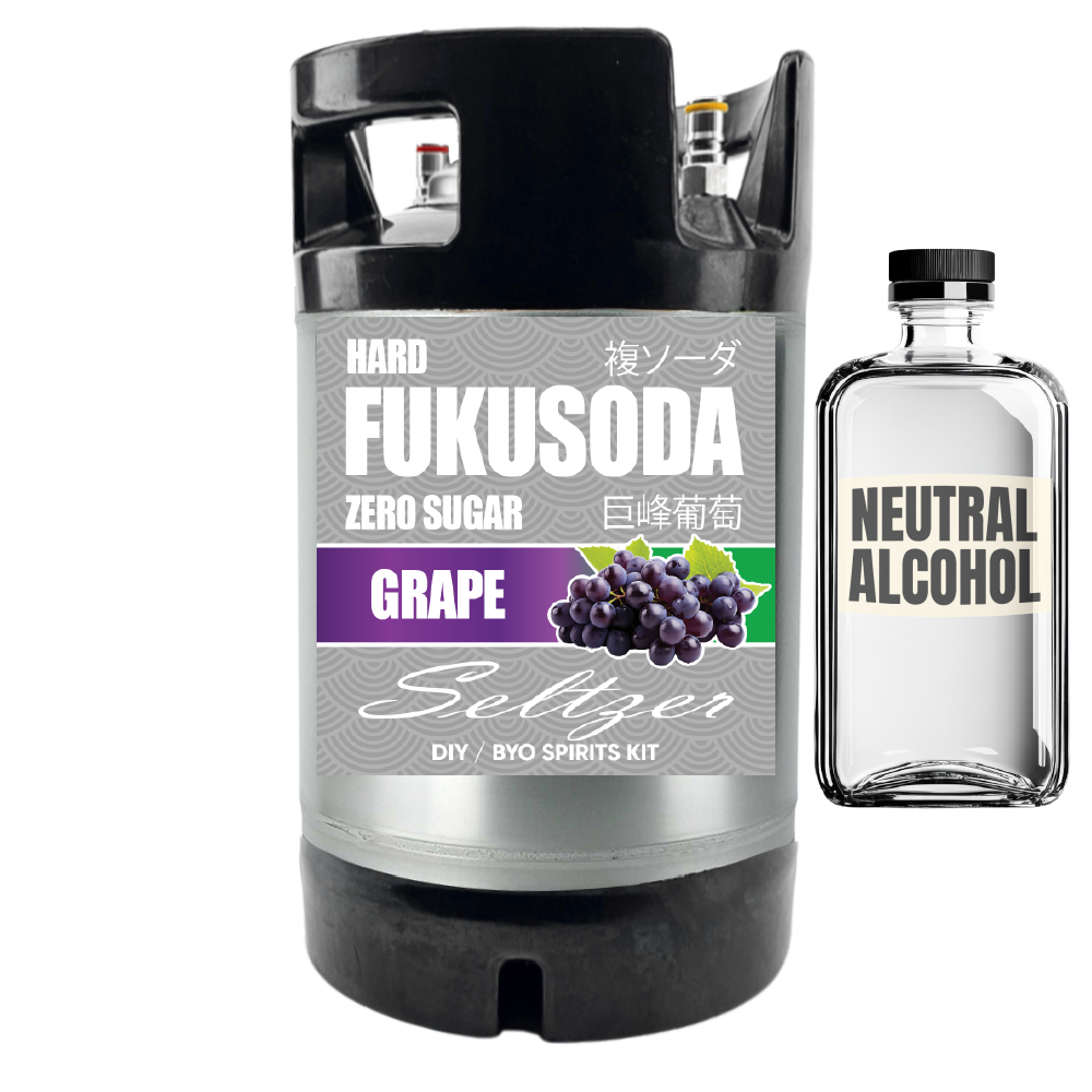 Kokuetsu grape seltzer zero sugar hard alcohol kit and neutral alcohol bottle on a white background