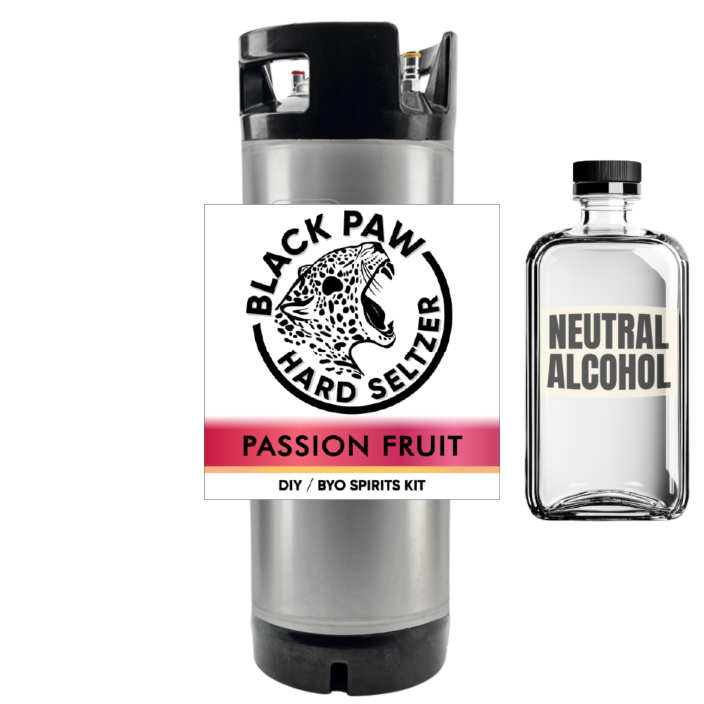 Black Paw Hard Seltzer passion fruit DIY BYO spirits kit with a bottle of neutral alcohol on a white background.