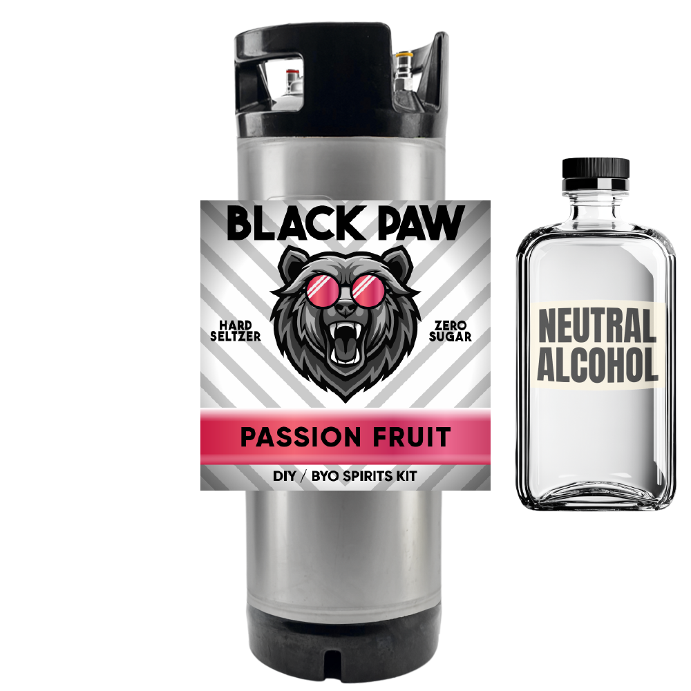 Black Paw Hard Seltzer passion fruit DIY BYO spirits kit with a bottle of neutral alcohol on a white background.