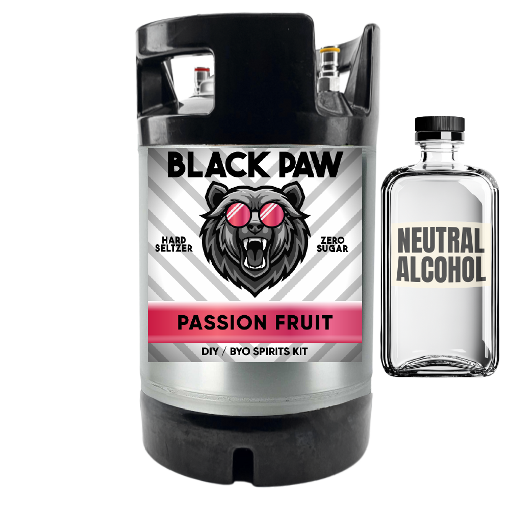 Black Paw Hard Seltzer passion fruit DIY BYO spirits kit with a bottle of neutral alcohol on a white background.