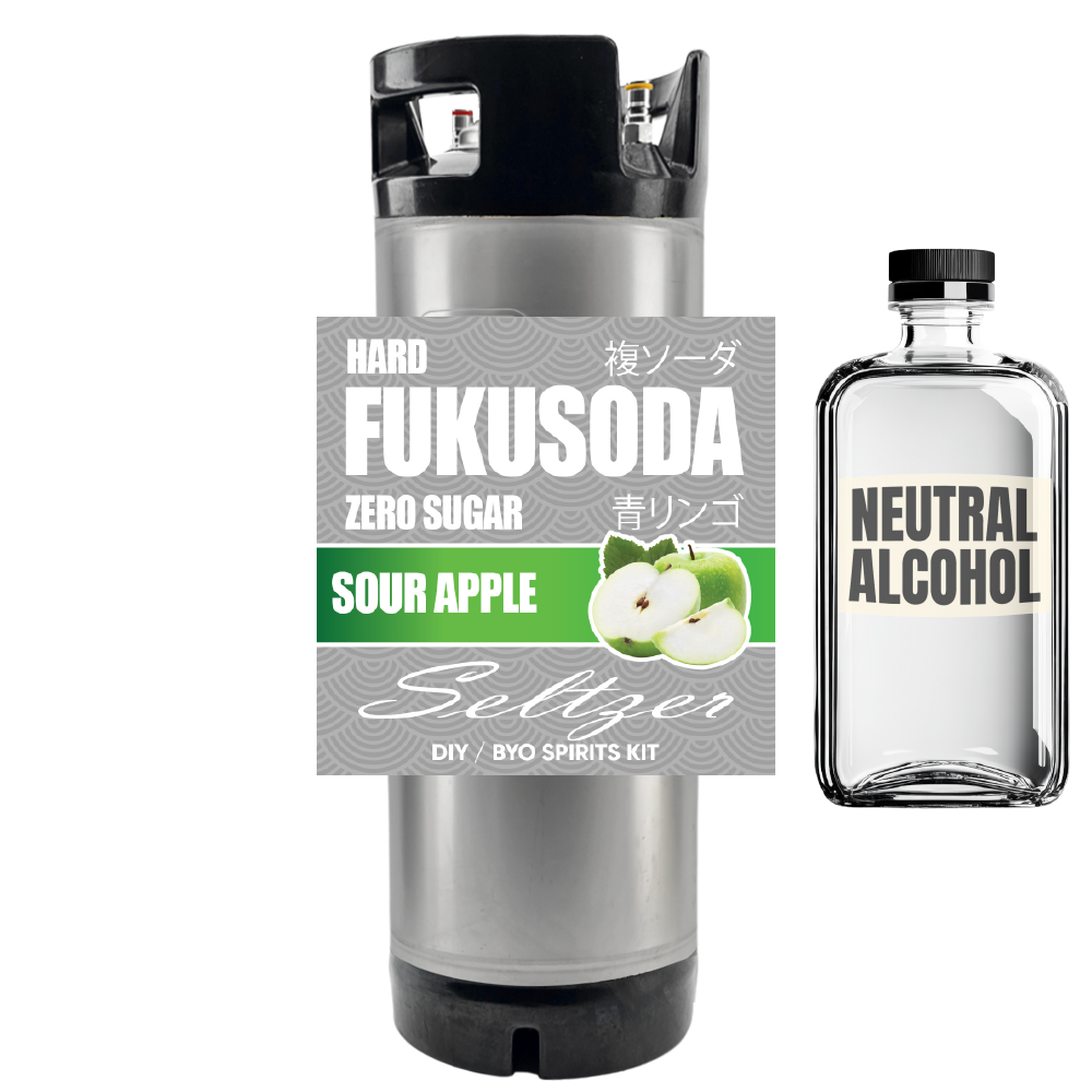 Koketsu hard sour apple zero sugar kit with a neutral alcohol bottle on a white background