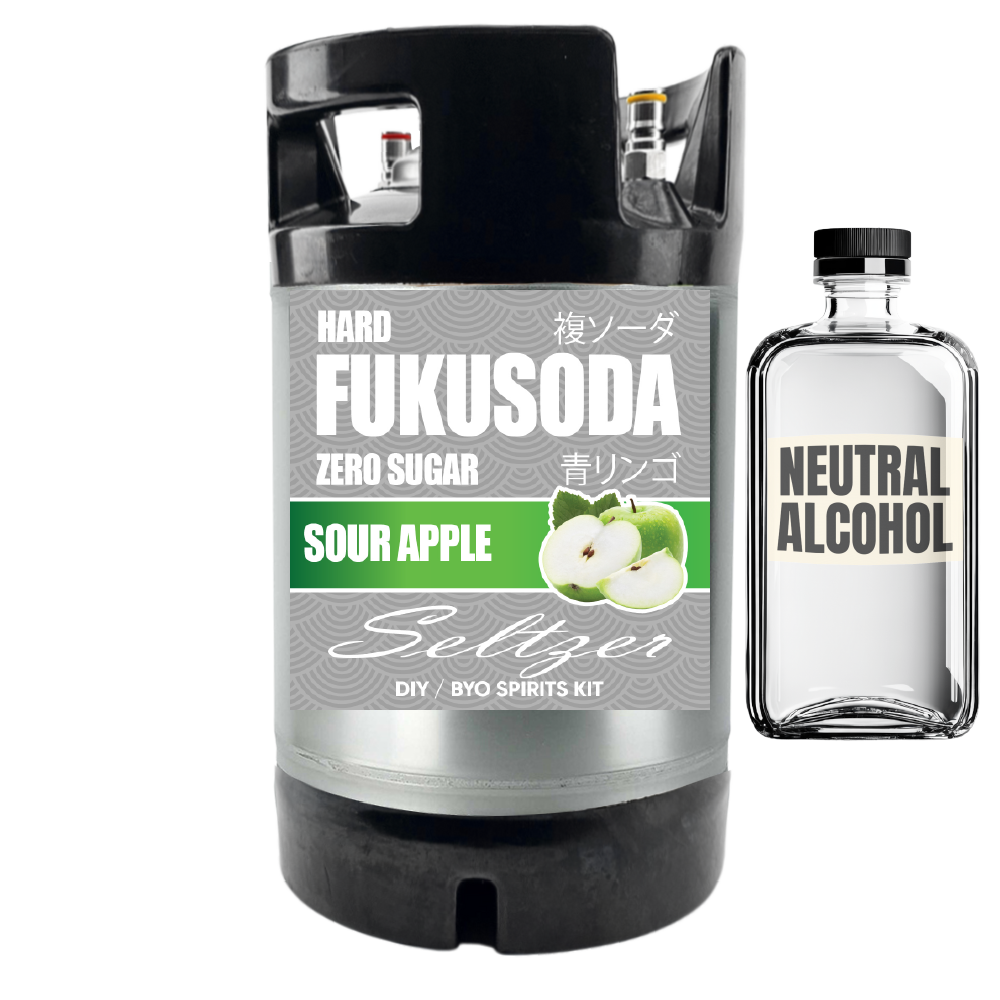 Keg labeled 'Hard Kök Etsu Sour Apple Zero Sugar' and a bottle labeled 'Neutral Alcohol' on a white background.
