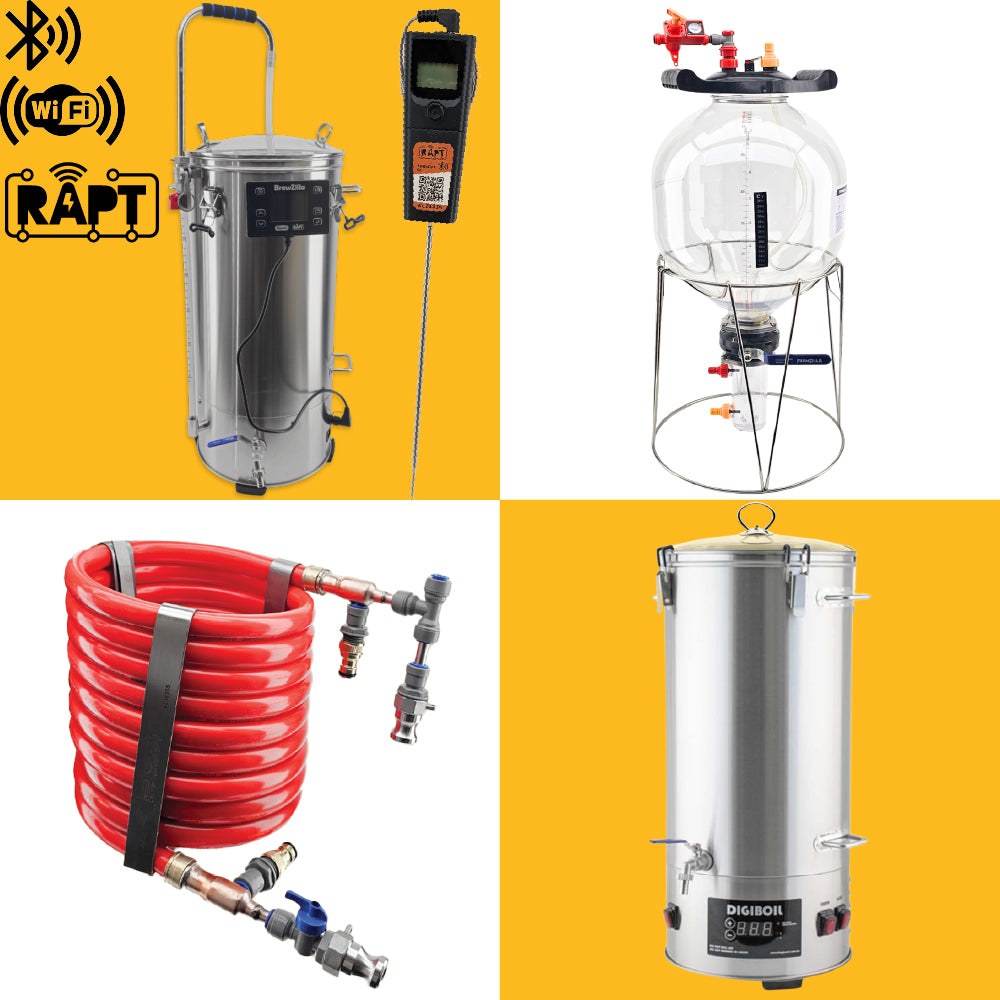 A split of four images showcasing a 35L BrewZilla Gen 4.1, 27L FermZilla Tri-Conical, 35L DigiBoil and a Red Reaper Counterflow chiller.