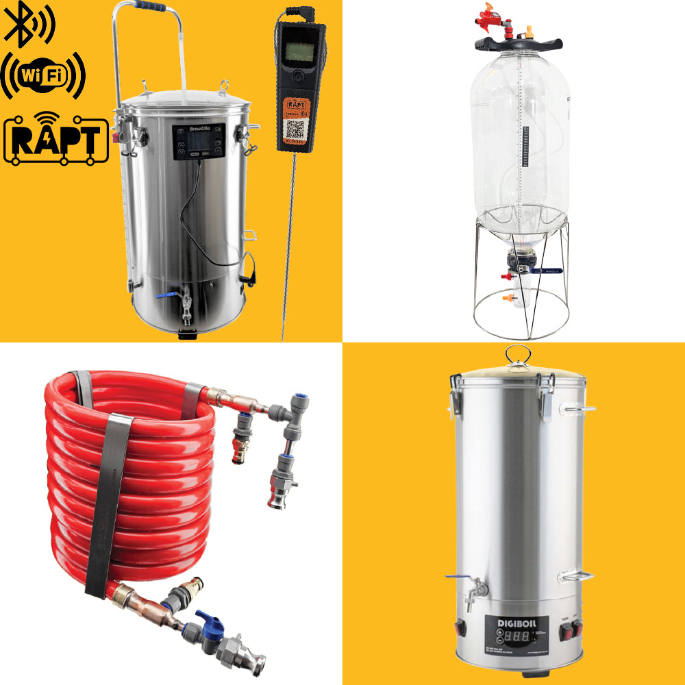 A four image split collage of a 65L BrewZilla Gen 4 in combination with a 55L FermZilla Tri-Conical, 35L DigiBoil and Red Reaper Counterflow Chiller.