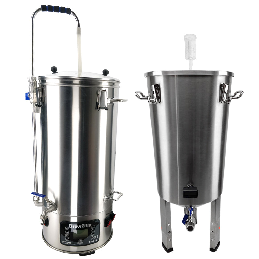 Stainless Steel BrewZilla Gen 3.1.1 next to a 32L Conical Stainless Fermenter