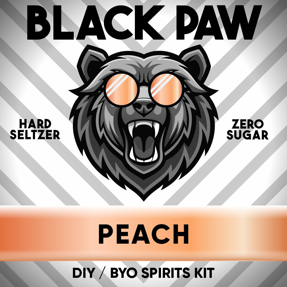Black Paw Hard Seltzer Peach DIY/Byo Spirits Kit label with a stylized leopard design.