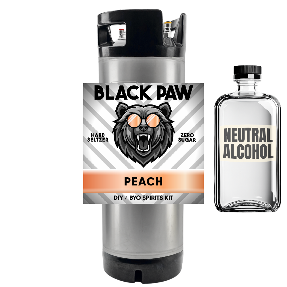 Black Paw Hard Seltzer peach flavor kit with a bottle of neutral alcohol on a white background