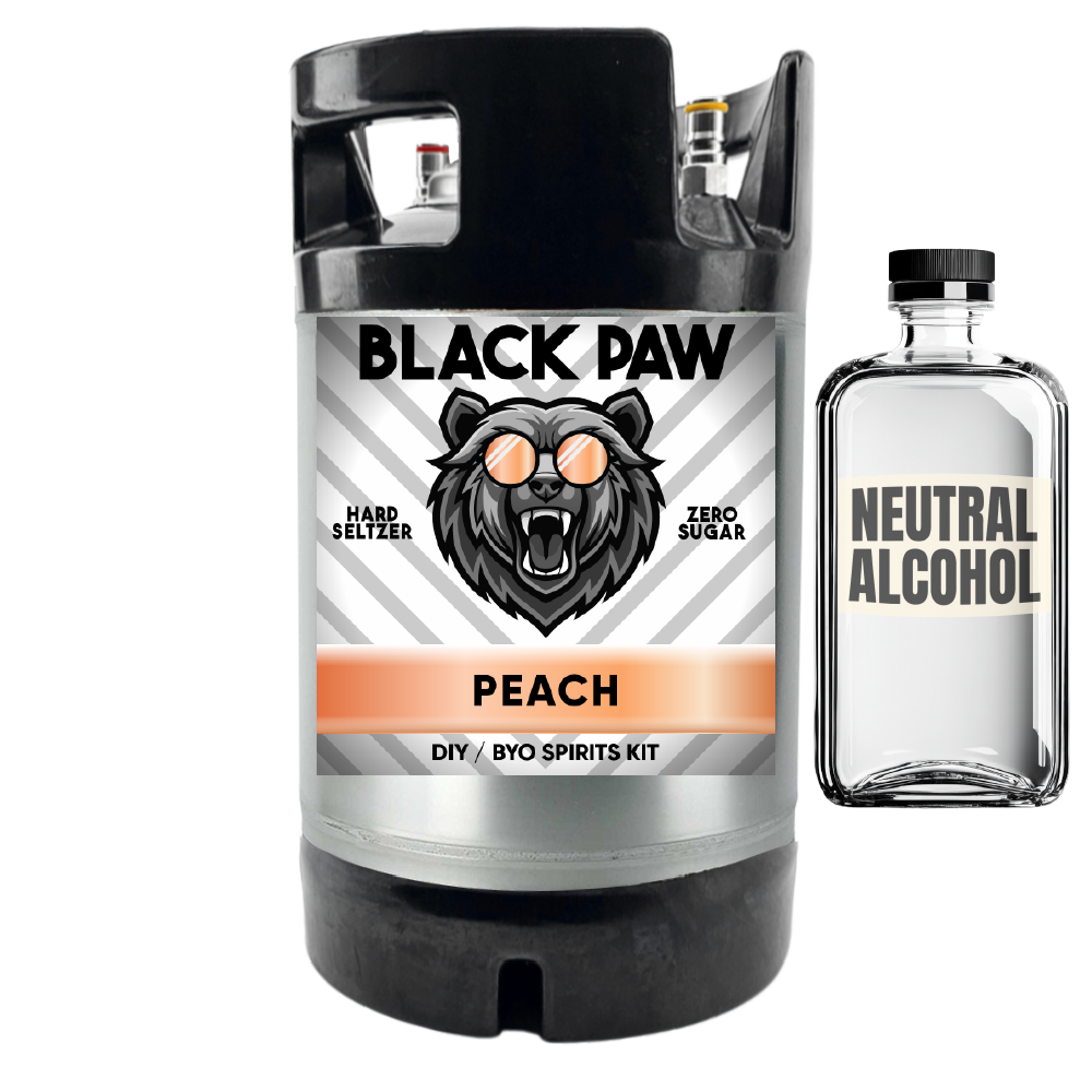 Black Paw Hard Seltzer peach DIY BYO spirits kit with a bottle of neutral alcohol on a white background