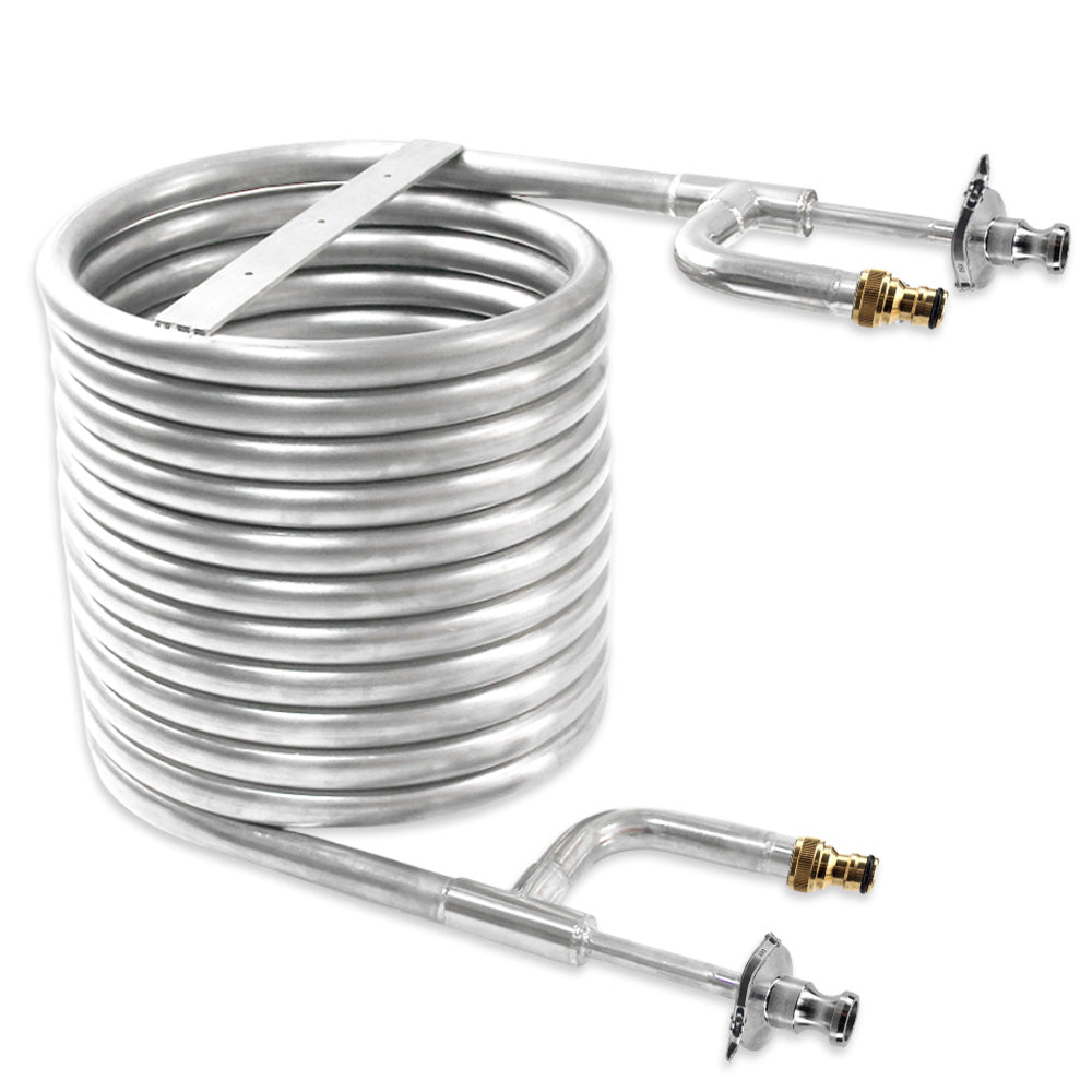 Coiled hose with brass connectors on a white background