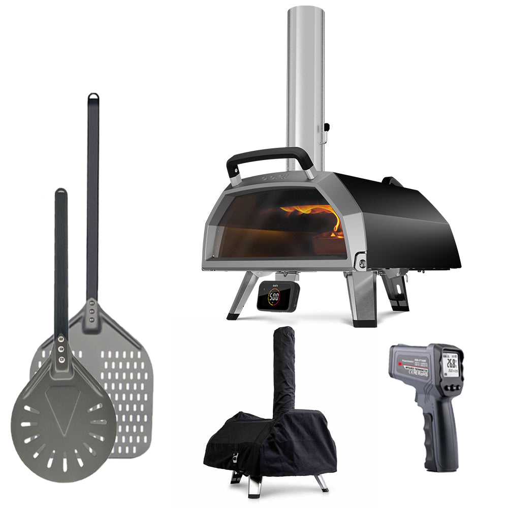 Ooni Karu 2 Pro - Pizza Oven Essentials Bundle - Including 14" Pizza Peel, 8" Spinner Peel, Waterproof Cover & infrared thermometer.