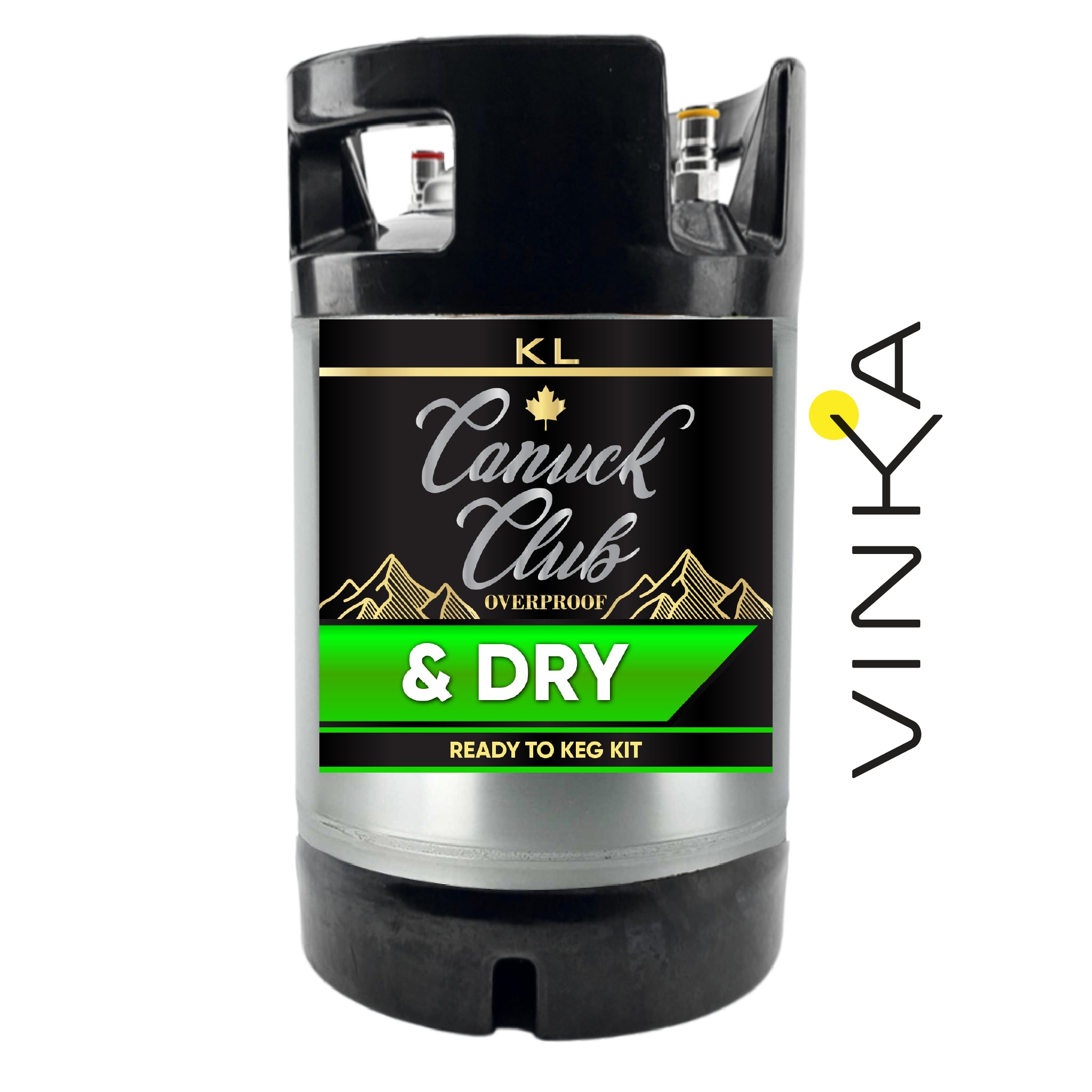 Black keg with 'Canuck Club' label and 'Vinka' branding on a white background