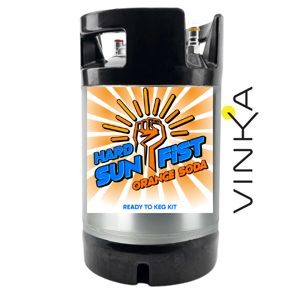 Black keg with 'Hard Sun Fist Orange Soda' label and Vinka branding on a white background