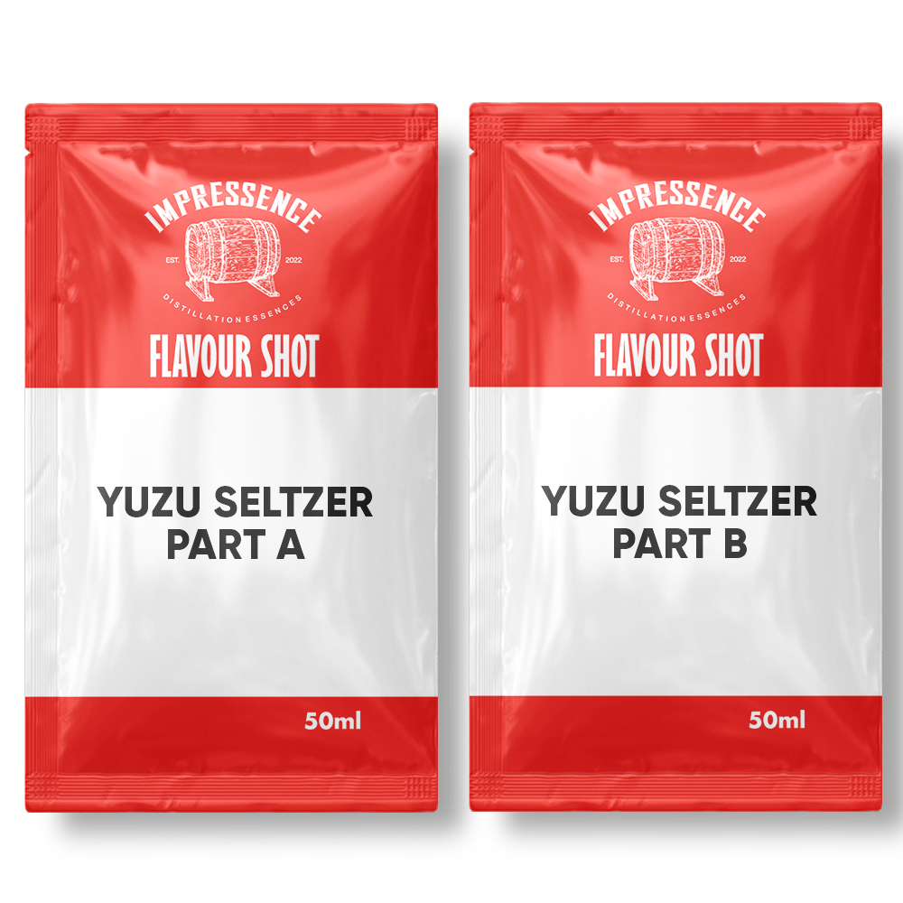 Two red and white packages labeled 'Yuzu Seltzer Part A' and 'Yuzu Seltzer Part B' on a white background.