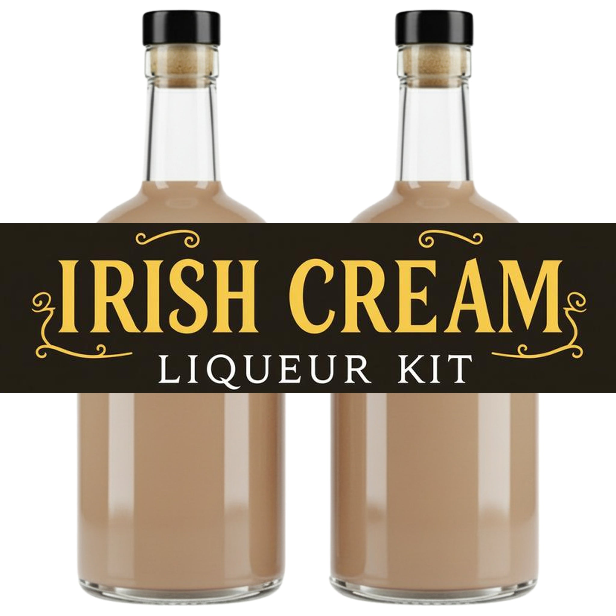 Two bottles of Irish Cream Liqueur Kit on a white background with a decorative label.