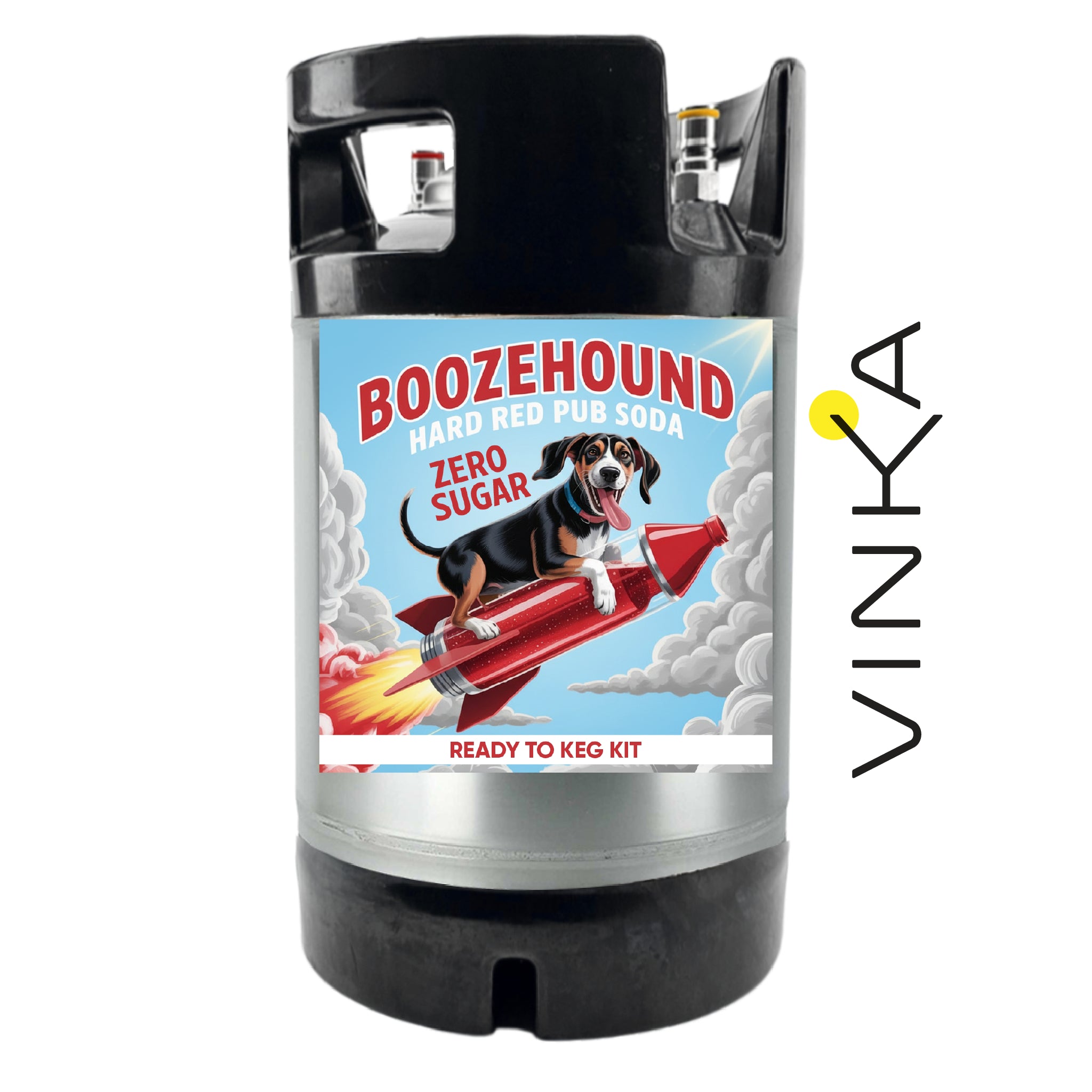 Boozehound hard red pub soda keg with a dog on a rocket label, featuring the Vinka brand.