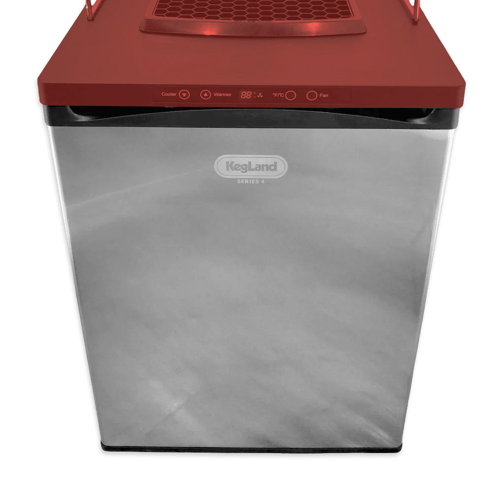 KegLand refrigerator with red top on a white background