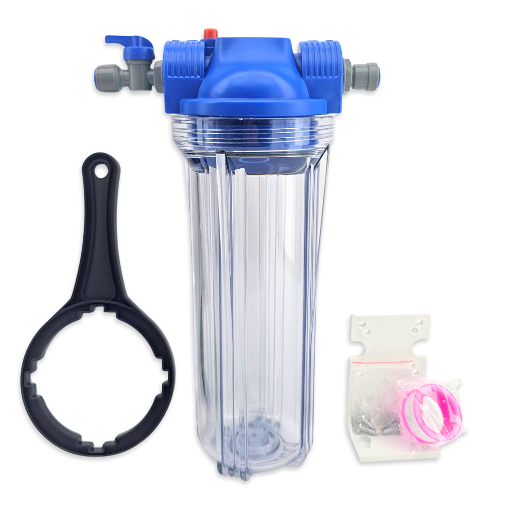 Clear water filter with blue top and black wrench on a white background