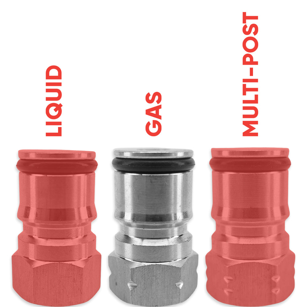 Three plumbing connectors labeled 'Liquid', 'Gas', and 'Multi-Post' on a white background.