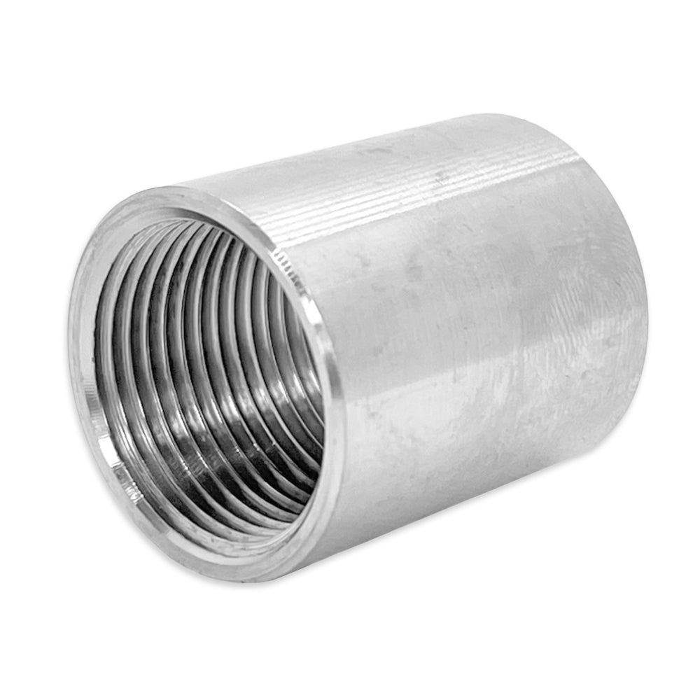 Metal pipe fitting with threaded end on a white background
