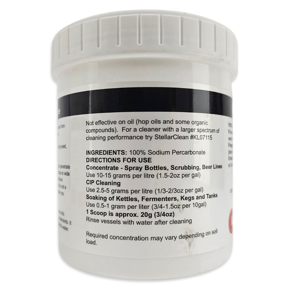 Container with label detailing cleaning instructions and ingredients on a white background