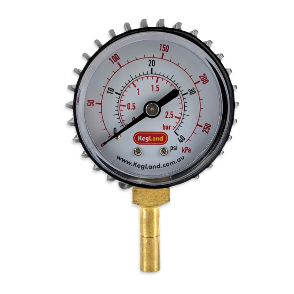 This triple scale gauge is the ideal range to read pressures for pressurised fermentation. Or any application where you're using 8mm duotights and want to read the pressure up to 40psi.