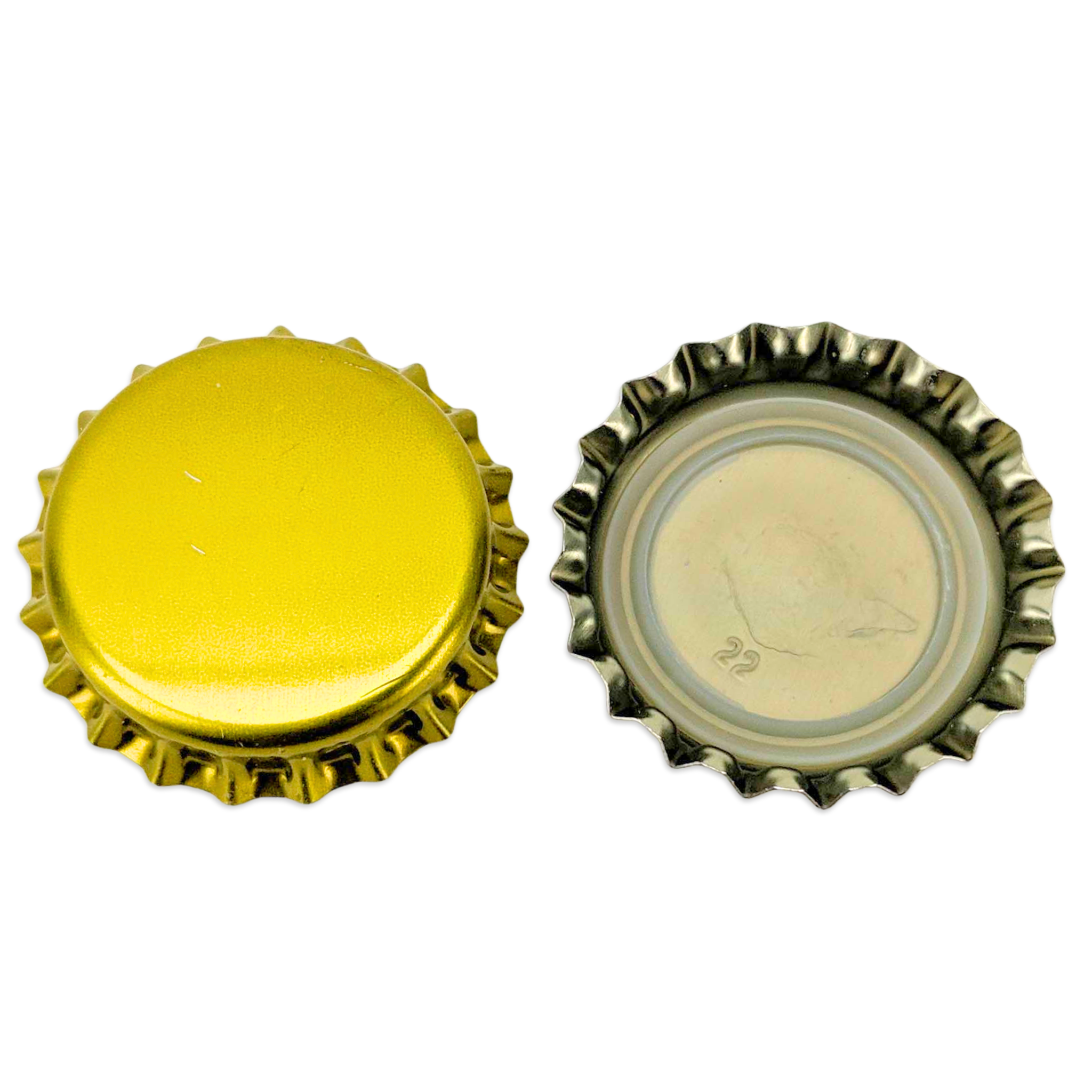 Two bottle caps, one yellow and one metallic, on a white background