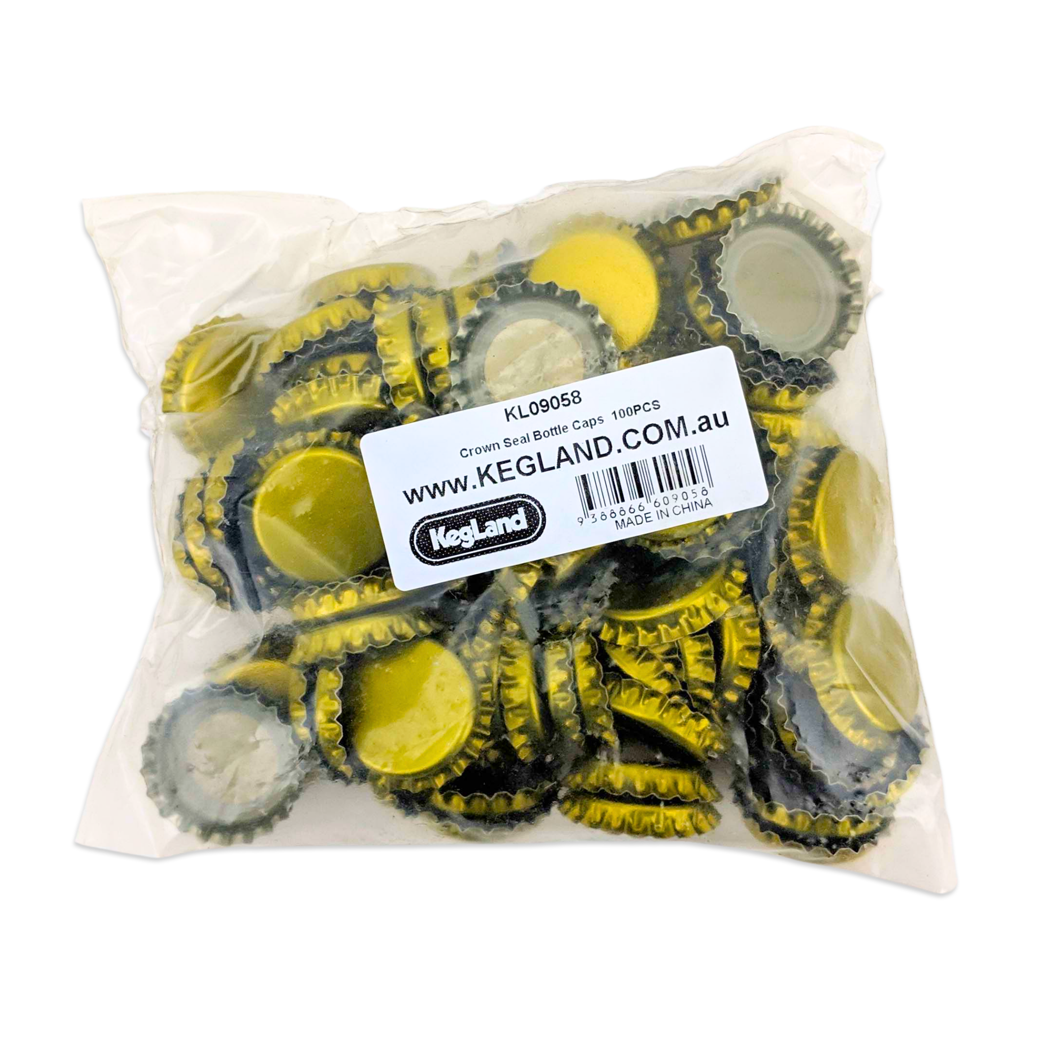 Bag of gold bottle caps with a Kegland label on a white background