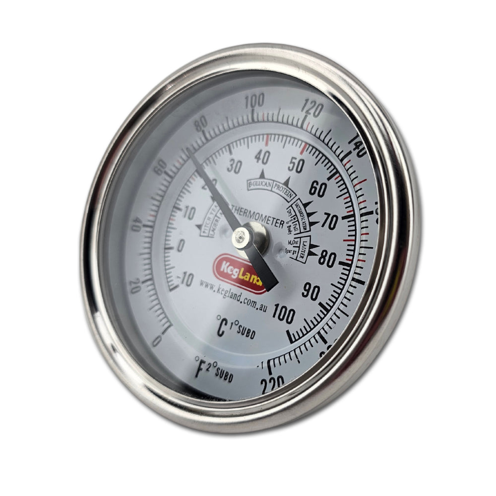 This Bi-Metal thermometer is a high quality 304 stainless dial thermometer with stainless probe. Perfect for fitting into your 3 vessel all grain brewing setup.