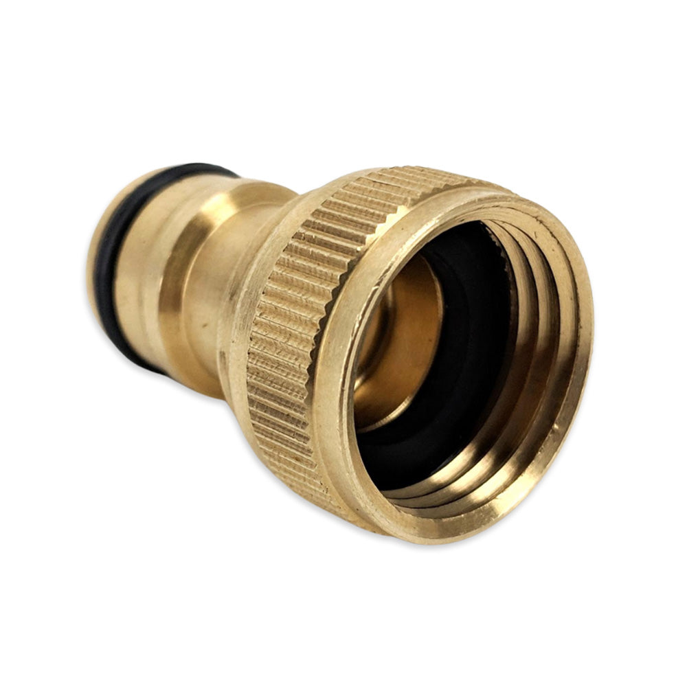 Brass garden hose fitting on a white background