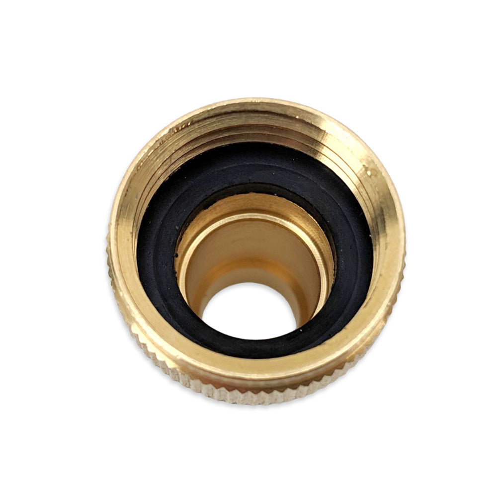 Brass fitting with black rubber washer on a white background