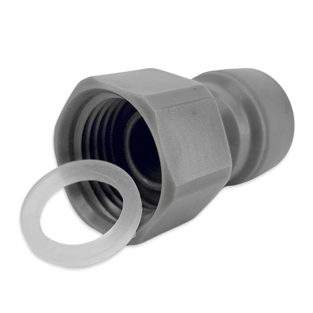 Gray plastic fitting with a washer on a white background