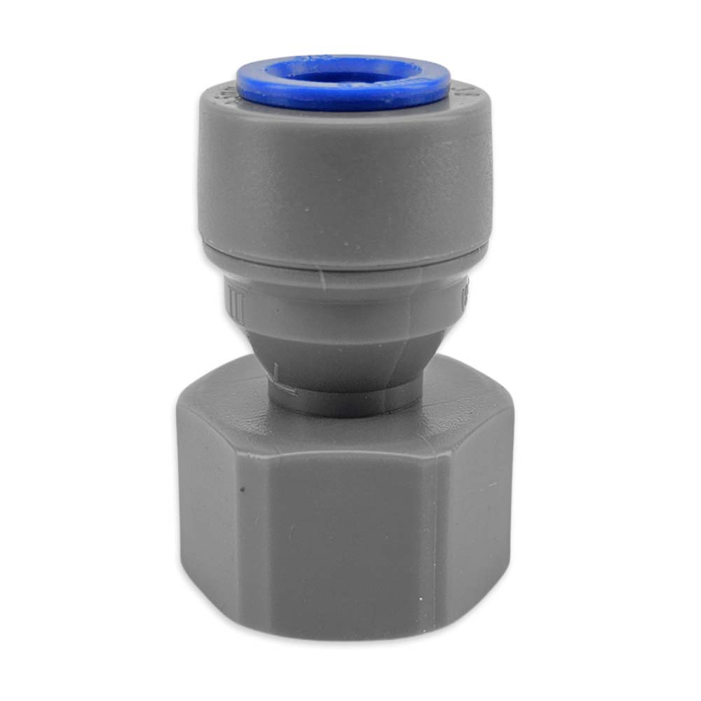 Gray plastic fitting with blue gasket on a white background