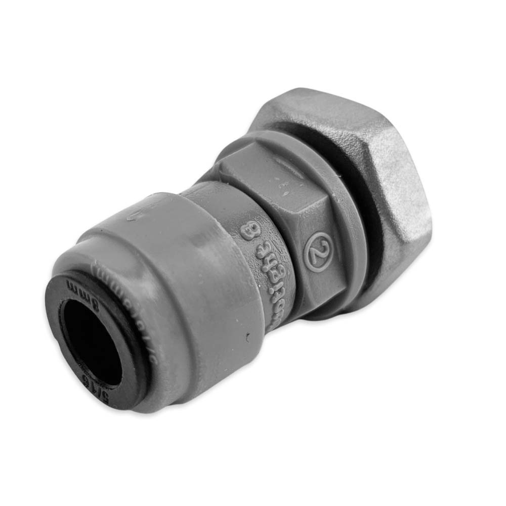 Gray plastic fitting with brand logo on a white background